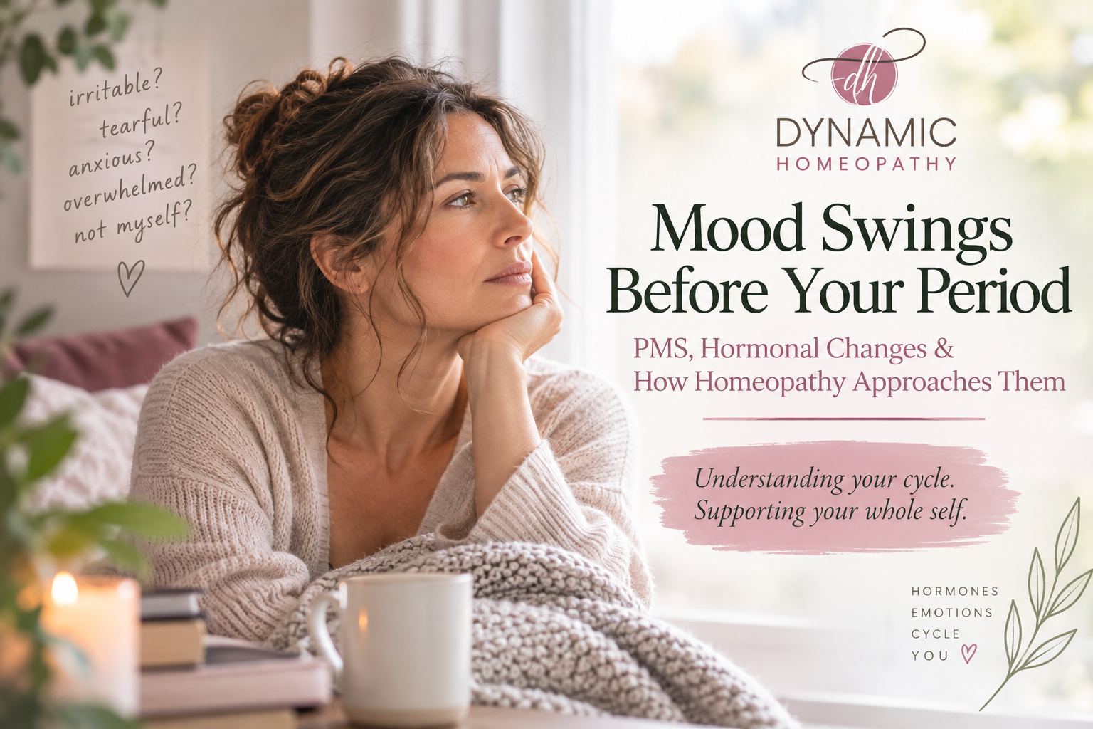 Woman reflecting on mood changes before her period and PMS symptoms