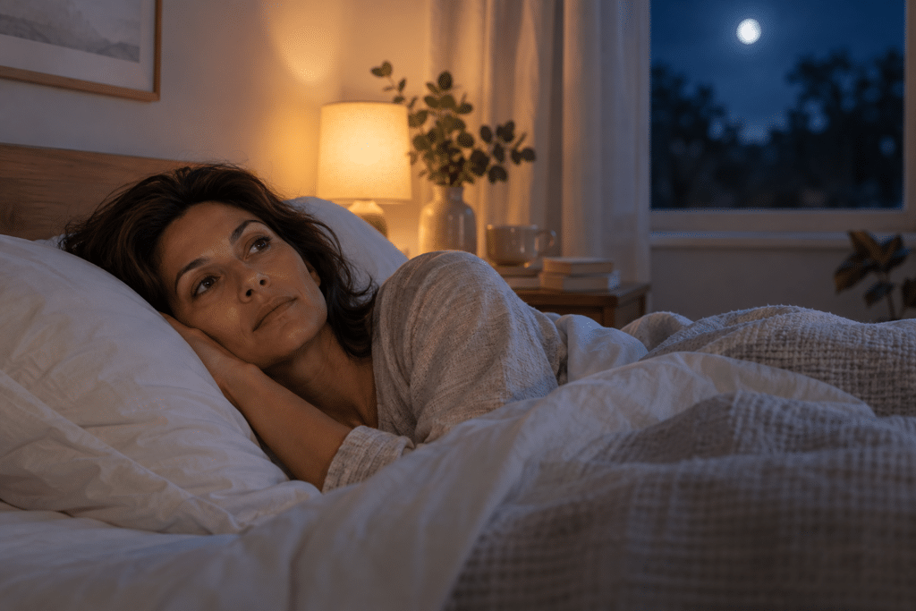 Woman awake in bed at night during perimenopause
