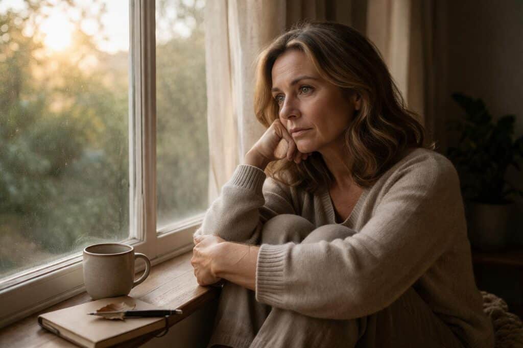 Woman sitting thoughtfully by a window, illustrating anxiety during perimenopause