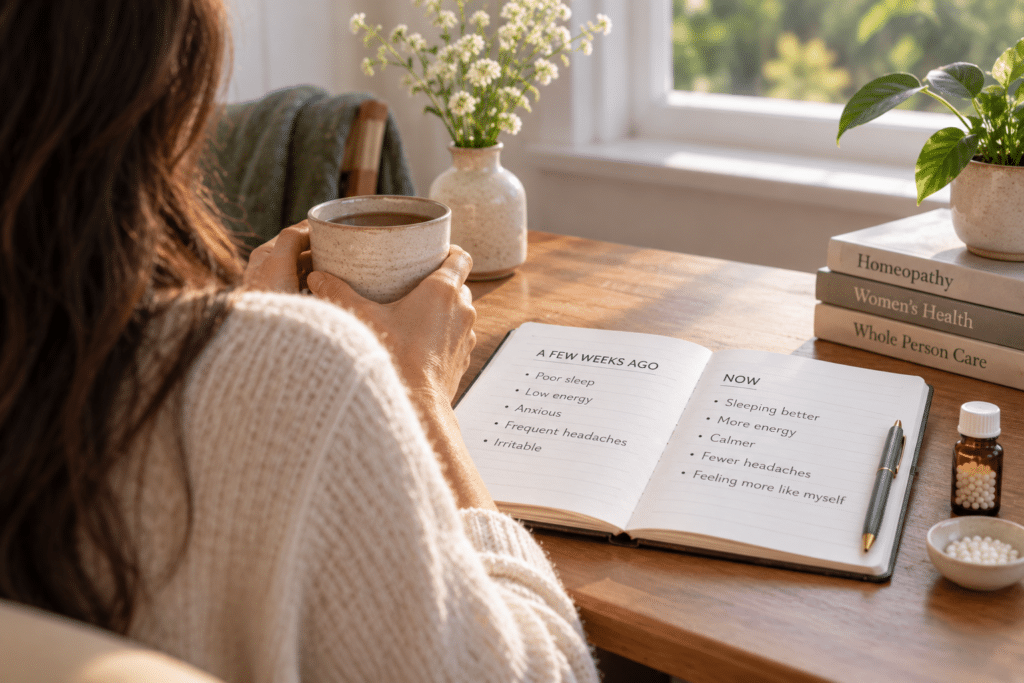 Woman reflecting on changes in her health after individualized homeopathic treatment